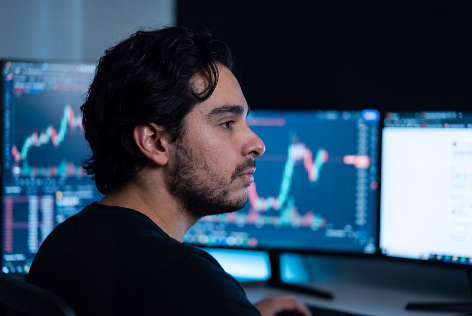 Gregorio de perfil frente a monitores con gráficas